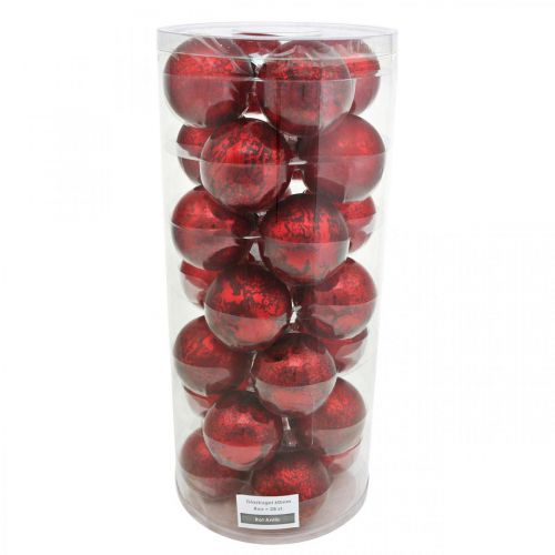 daiktų Kalėdų eglutės rutulys, medžio pakabukas, kalėdinis rutulys raudonai marmuruotas H6,5cm Ø6cm tikras stiklas 24 vnt.
