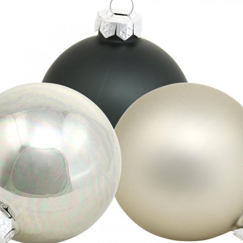 Floristik24 Bauble, eglutės papuošimai, kalėdinis rutulys juodas/sidabras/perlamutras H8.5cm Ø7.5cm tikras stiklas 12 vnt.