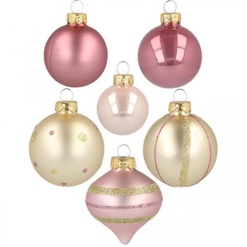 Kalėdiniai rutuliai stikliniai rožiniai geltoni rūšiuoti Ø4,5-7cm 20v