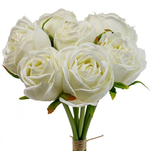 Baltos rožės šilkinės gėlės dirbtinės rožės kekėje H28cm 7vnt
