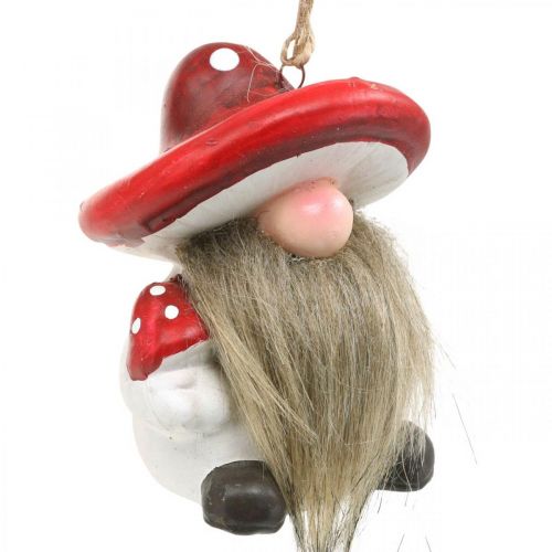 daiktų Dekoratyvinė gnome keramika pakabinti su grybų kepure raudona, balta H8cm 4vnt