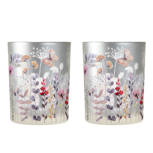 daiktų Žibintų stiklas aguonų pievų sidabro spalvos H12,5cm 2 vnt