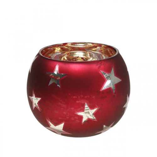 Žibinto stiklo arbatinės žvakidės stiklas su raudonomis žvaigždėmis Ø9cm H7cm