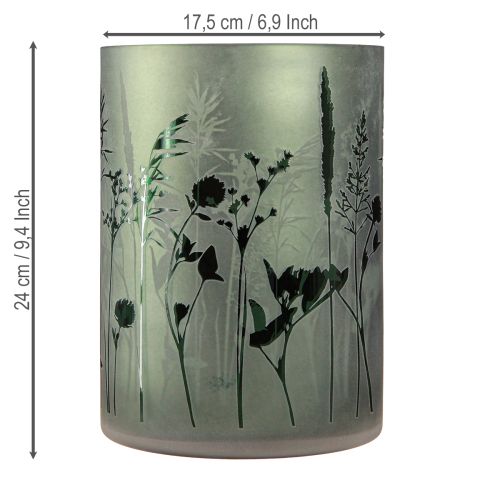 daiktų Žibintas didelis dekoratyvinis stiklas balto žalio motyvo pievoje H24cm