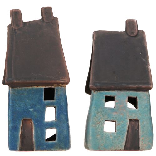 daiktų Žibintų namelis keraminis namas mėlynai rudas H15,5/17,5cm 2 vnt