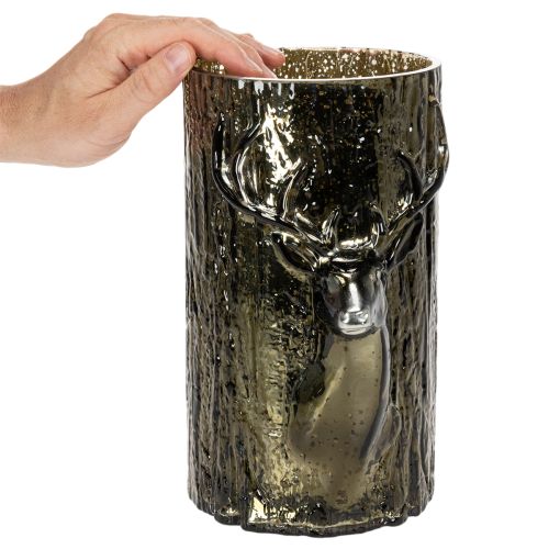 Stiklinė žvakutė su elnio galvos ir medžio reljefais, žiemos dekoracija, 26 cm | Floristik24.lt