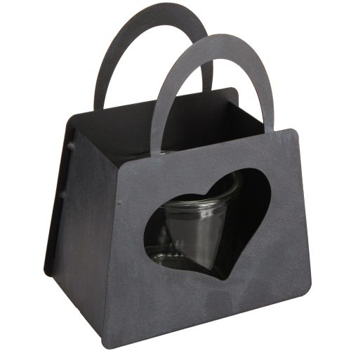 daiktų Žibintų metalinis dekoravimo krepšys su širdimi antracitu H18cm 2vnt