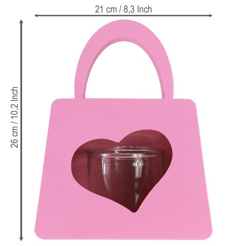 daiktų Žibinto metalinis maišelis su stikliniu įdėklu, rožinės širdies formos, aukštis 26 cm