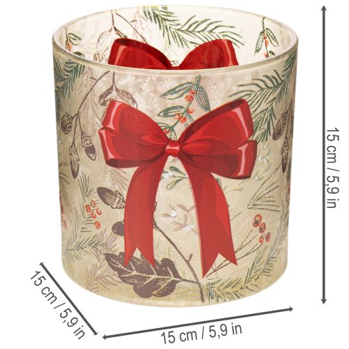 Stiklinė žvakidė su raudonu kaspinu ir žiemos šakelėmis, 15 cm | Floristik24.lt