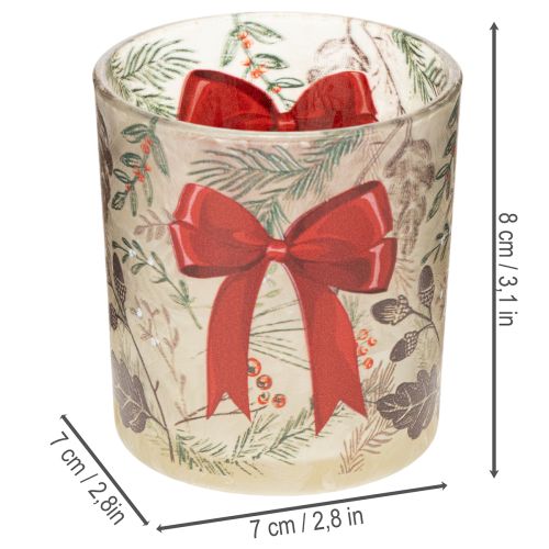 Stiklinė žvakidė su kalėdinėmis šakelėmis ir raudonu kaspinu, 8 cm, 2 vnt. | Floristik24.lt