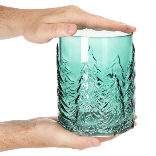 Stiklinė žvakutė su reljefinėmis eglėmis, kalėdinė dekoracija, 16 cm | Floristik24.lt