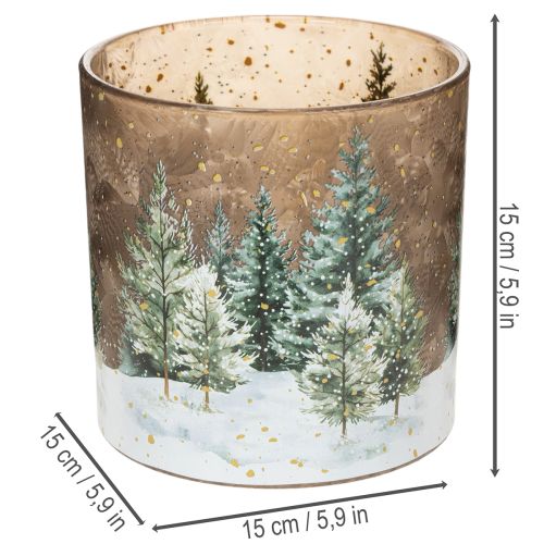 Stiklinė žvakutė su eglės miško raštu, žiemos dekoracija, 15 cm | Floristik24.lt