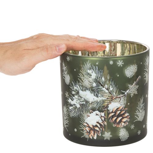 Stiklinė žvakutė su pušies kankorėžiais ir snaigėmis, 15 cm | Floristik24.lt