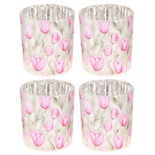 daiktų Dekoratyvinis stiklinis žibintas su tulpės raštu pavasariniam namų akcentui, 8 cm, 4 vnt.
