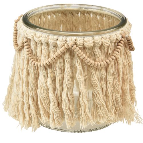daiktų Lantern Glass Fringes Macrame Cream Boho Ø9,5cm 4vnt