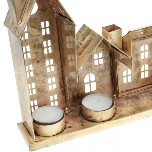 Floristik24 Kalėdinė diorama, metalinė apdaila su apšvietimu, šviesūs namai auksiniai, vintažinė išvaizda L67.5cm A20cm