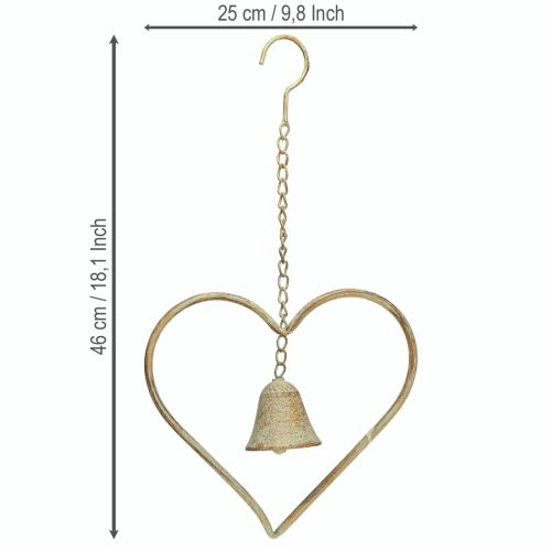 daiktų Vėjo varpelio metalinė širdelė su varpeliu senoviniu žaliu aukso rūdys 46cm