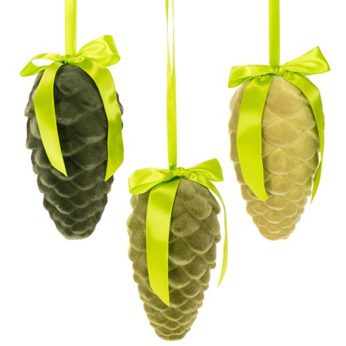 Dekoratyviniai kankorėžiai kabinimui, pūkuotiniai kankorėžiai su juostele ir kaspinu, 18 cm, 3 vnt. pirkti | Floristik24.lt