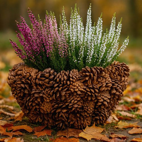daiktų Kūginis krepšelis augalams, pušies kankorėžiai, natūralus, Ø33cm, aukštis17cm