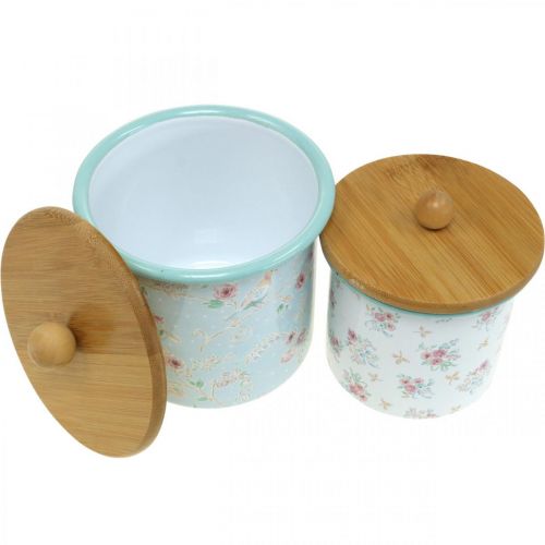 daiktų Emalio dėžutė su dangteliu medinių gėlių raštas H10/12cm 2 rinkinys