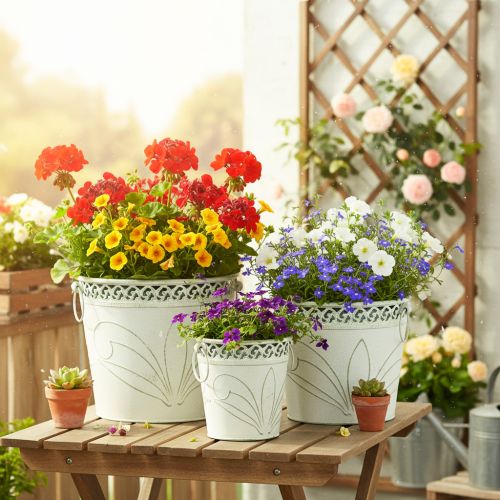 Reljefinis metalinis vazonas su rankenėlėmis, baltas ir žalias, „shabby chic“ stiliaus, aukštis 22/19,5/17,5 cm, Ø 25,5/20,5/15,5 cm, 3 vnt. rinkinys | Floristik24.lt