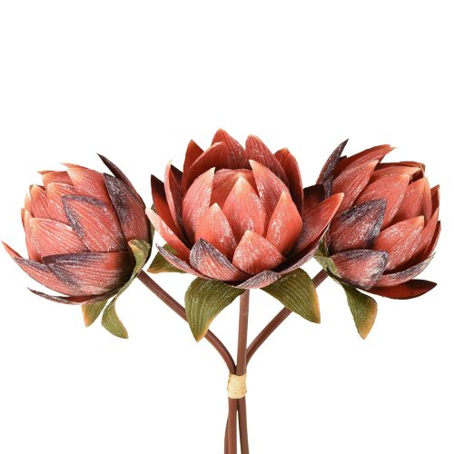 Dekoratyvinės dirbtinės gėlės Protea raudonai oranžinės 34 cm 3 vnt.
