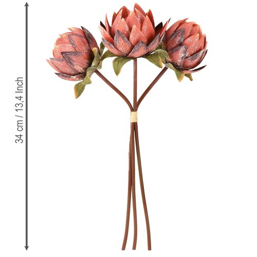 daiktų Dekoratyvinės dirbtinės gėlės Protea raudonai oranžinės 34 cm 3 vnt.