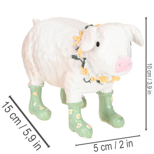 Dekoratyvinė kiaulė su guminiais batais – juokinga ūkio figūrėlė su gėlių vainiku 15,5 cm | Floristik24.lt