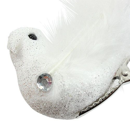 daiktų Dekoratyvinis paukštis ant segtuko su blizgučiais baltais 14cm 2vnt