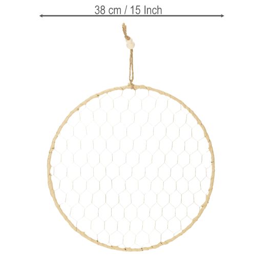 daiktų Dekoratyvinis metalinis žiedas Ø38cm, kabantis dekoras, rafija, sidabras, natūralus, bohemiškas sienų dekoras, universalus dekoravimas, 4 dalys