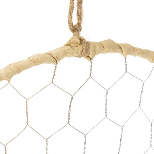daiktų Dekoratyvinis metalinis žiedas Ø38cm, kabantis dekoras, rafija, sidabras, natūralus, bohemiškas sienų dekoras, universalus dekoravimas, 4 dalys