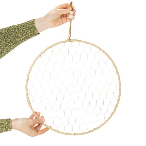 daiktų Dekoratyvinis metalinis žiedas Ø38cm, kabantis dekoras, rafija, sidabras, natūralus, bohemiškas sienų dekoras, universalus dekoravimas, 4 dalys