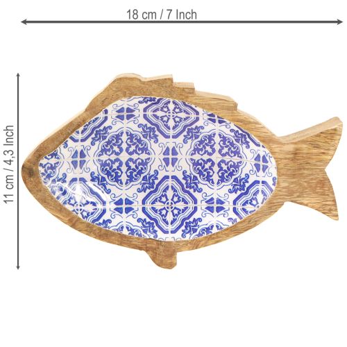 daiktų Dekoratyvinis dubuo medinis žuvies dekoravimas natūraliai mėlyna balta 18×11×3cm