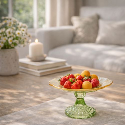 daiktų Dekoratyvinė stiklinė lėkštė su kojele, gėlių raštas, idealiai tinka šventiniam pateikimui, 15 cm