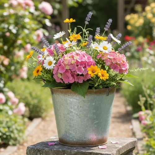 daiktų Dekoratyvinis vazonas su rankenomis, sodinimo kibiras, metalinis indas, sidabro spalvos, sendinto plieno, Ø17cm, aukštis 16,5cm