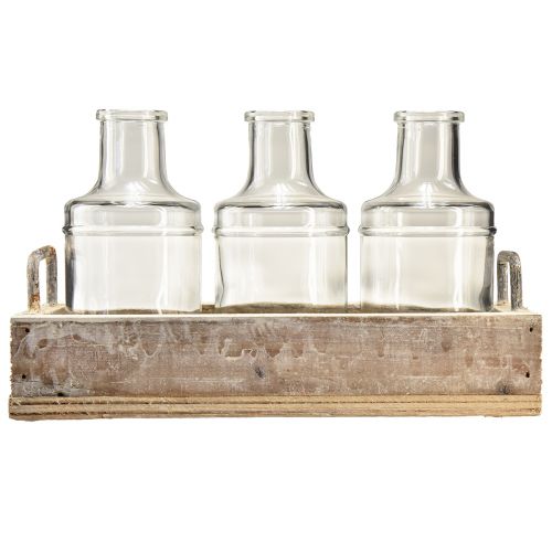 daiktų Butelis dekoratyvinis stiklas su mediniu padėklu vintage 24x9,5x14cm