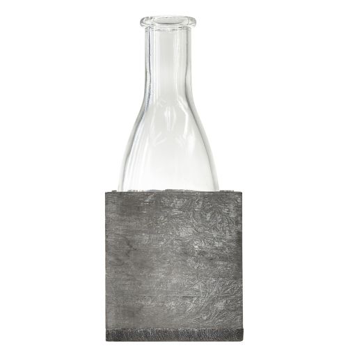 daiktų Stiklinė vaza pilkame mediniame stove, 9,5x8x20cm - Kaimiška dekoracija su 4 buteliais