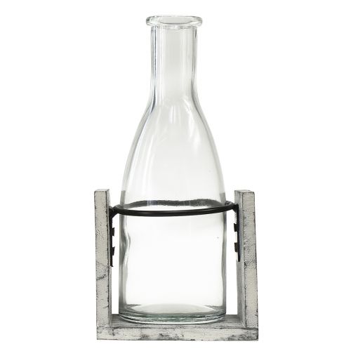 daiktų Stiklinė vaza pilkame mediniame stove, 9,5x8x20cm - Kaimiška dekoracija su 4 buteliais