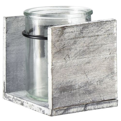 daiktų Žvakės laikiklis iš stiklo kaimiškame mediniame rėmelyje - pilkai baltas, 10x9x10cm - žavinga stalo puošmena 3 vnt.