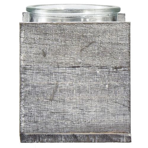 daiktų Žvakės laikiklis iš stiklo kaimiškame mediniame rėmelyje - pilkai baltas, 10x9x10cm - žavinga stalo puošmena 3 vnt.