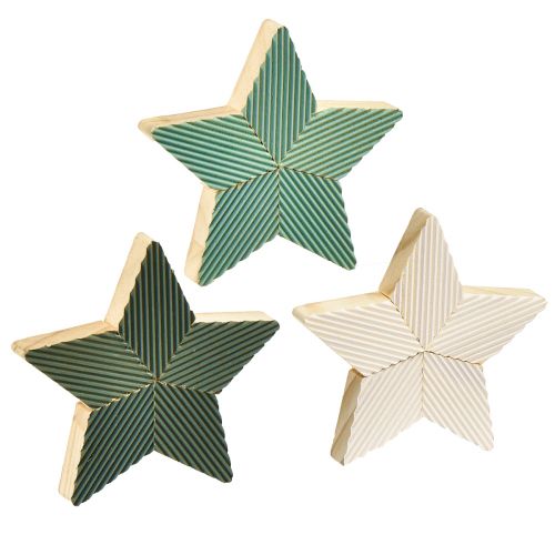 Medinės žvaigždės rievėtos stalo dekoracijos žalia mėtų balta 11cm 6 vnt