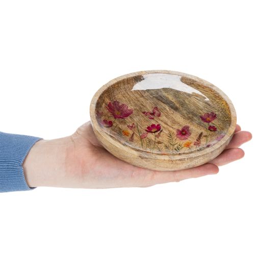 daiktų Medinės lėkštės su gėlėmis ir drugeliais, natūralios rožinės spalvos, Ø15 cm, 3 vnt.