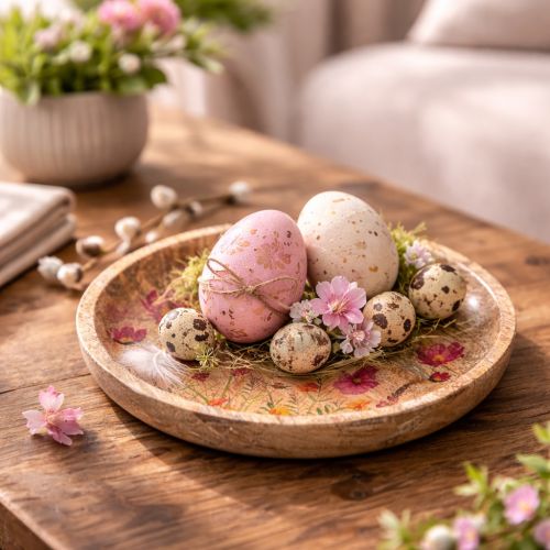 daiktų Medinės lėkštės su gėlėmis ir drugeliais, natūralios rožinės spalvos, Ø15 cm, 3 vnt.