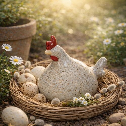 daiktų Keraminė vištos figūrėlė, žaismingo dizaino, stilingai namų dekoracijai, 16 cm, 2 dalys