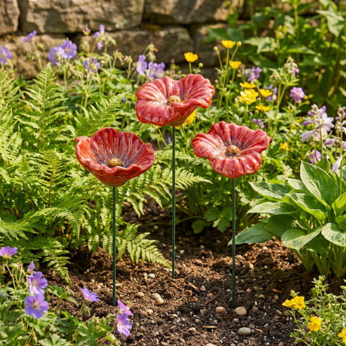 daiktų Keraminės aguonos gėlės, romantiškos, pavasario dekoracijos sodui ir gėlynams, 31 cm, 6 vnt.