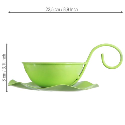 Metalinis dekoratyvinis puodelis su lėkštute, šviesiai žalias, aukštis 8 cm, skersmuo 11,5 cm, 2 vnt. | Floristik24.lt