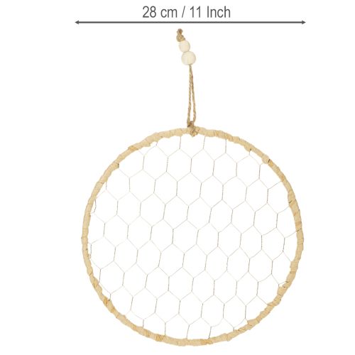 daiktų Boho metalinis dekoratyvinis žiedas, sidabrinis, Ø28cm su natūralia rafija, 4 vnt. rinkinys - pakabinama dekoracija, sienos dekoracija