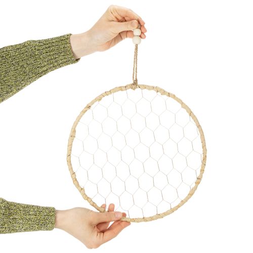 daiktų Boho metalinis dekoratyvinis žiedas, sidabrinis, Ø28cm su natūralia rafija, 4 vnt. rinkinys - pakabinama dekoracija, sienos dekoracija