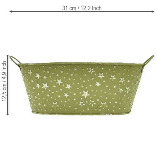 Ovalus metalinis dubuo su žvaigždutėmis ir rankenėlėmis, žalias, 31 × 16 cm, aukštis 12,5 cm | Floristik24.lt