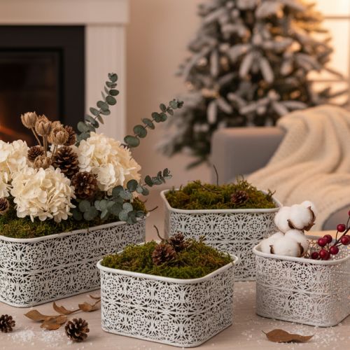 daiktų Metaliniai dubenėliai su nėrinių raštu, dekoratyvinis indas, kvadratinis, shabby chic stiliaus, balti, 27/23/19 cm, aukštis 13,5 cm, 3 vnt. rinkinys